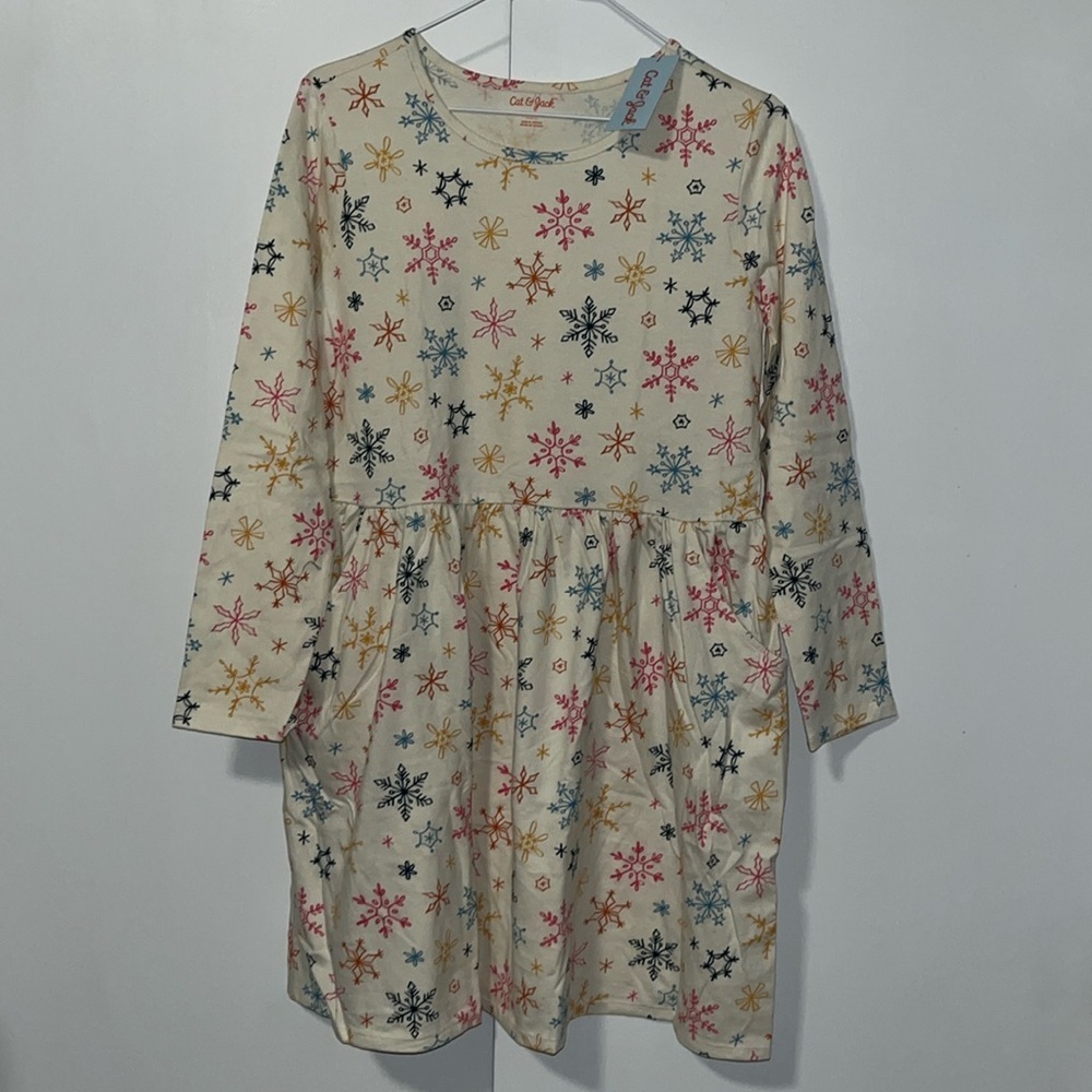 Cat & Jack Girl’s Holiday Dress Long Sleeve Ivory Snowflake Print XXL 18